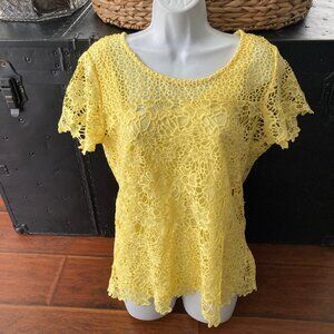 Hearts of Palm Bright Yellow Crochet Short Sleeve Blouse with Cami Large